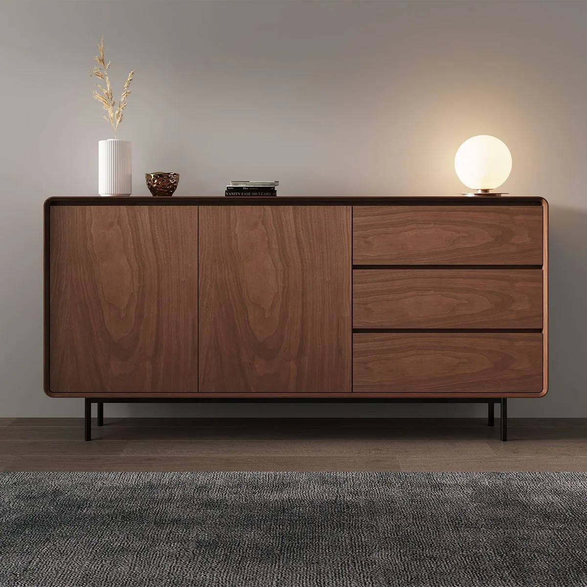 Mobiliario Mōku a medida — aparador nogal mid century patas metal; pieza fabricada en madera con detalle artesanal.