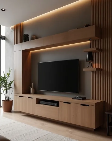 Diseño de interiores Mōku — centro TV roble nichos LED grafito; proyecto residencial con paleta cálida y mobiliario a medida.
