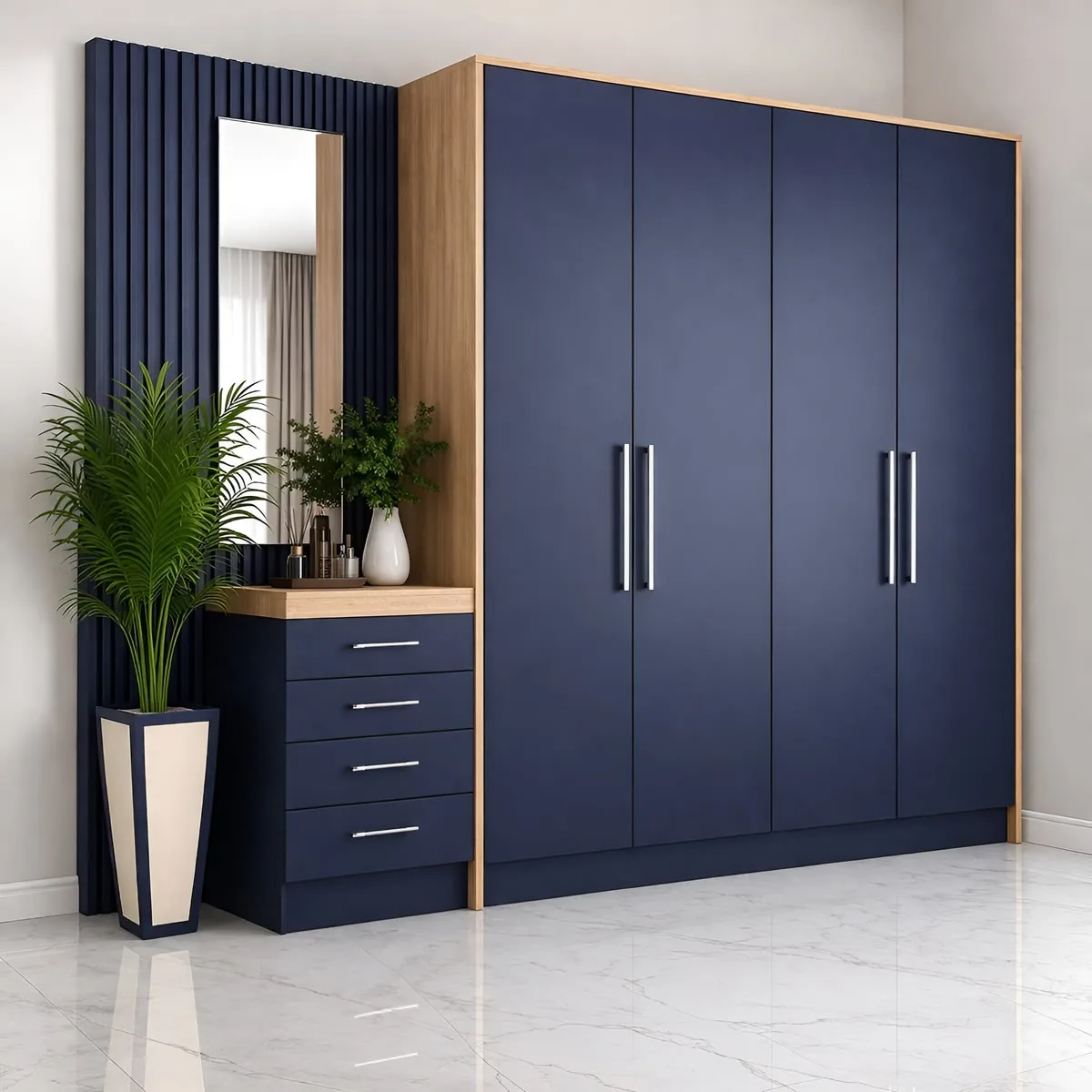 Remodelación Mōku — closet azul con tocador espejo; espacio renovado con énfasis editorial.
