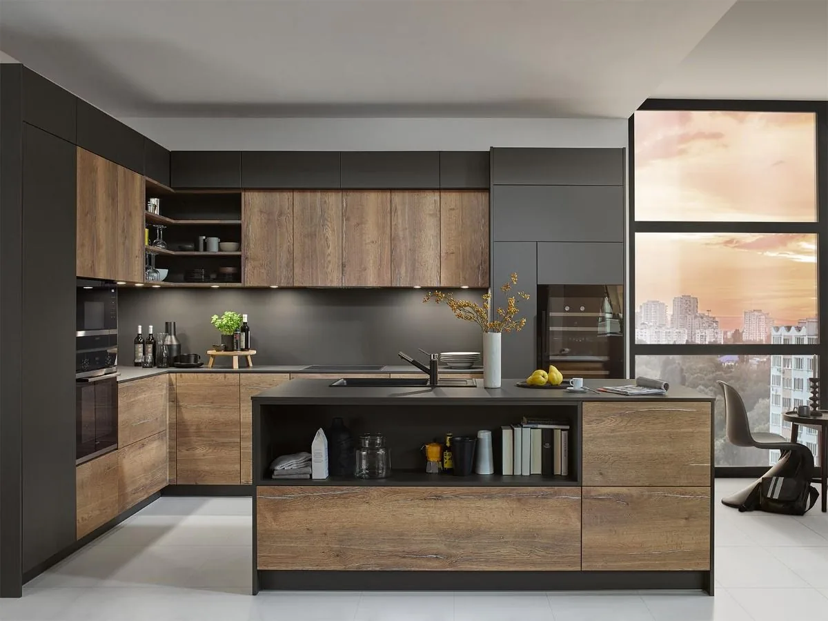 Mobiliario Mōku a medida — cocina industrial nogal grafito isla; pieza fabricada en madera con detalle artesanal.