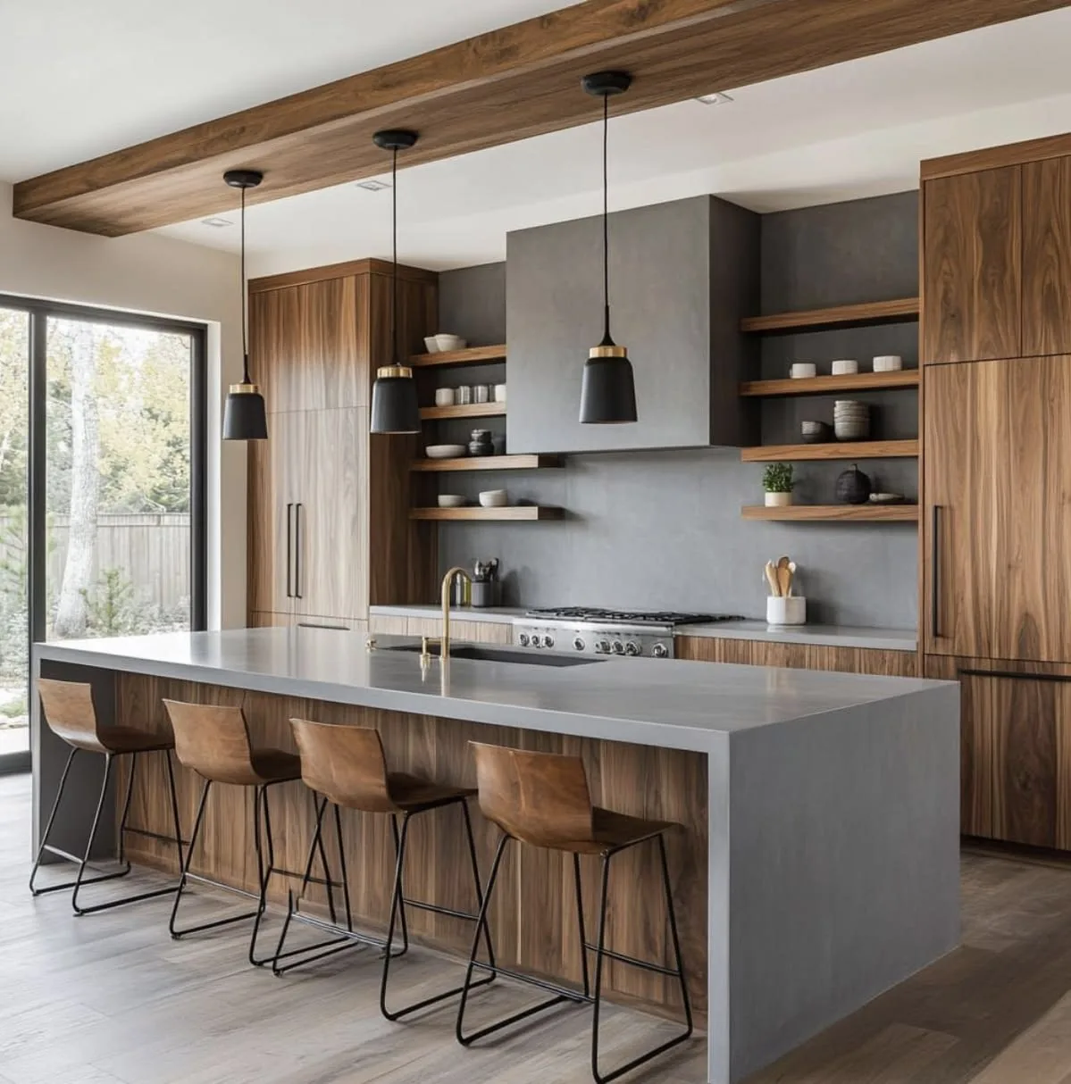 Mobiliario Mōku a medida — cocina isla concreto vigas madera; pieza fabricada en madera con detalle artesanal.