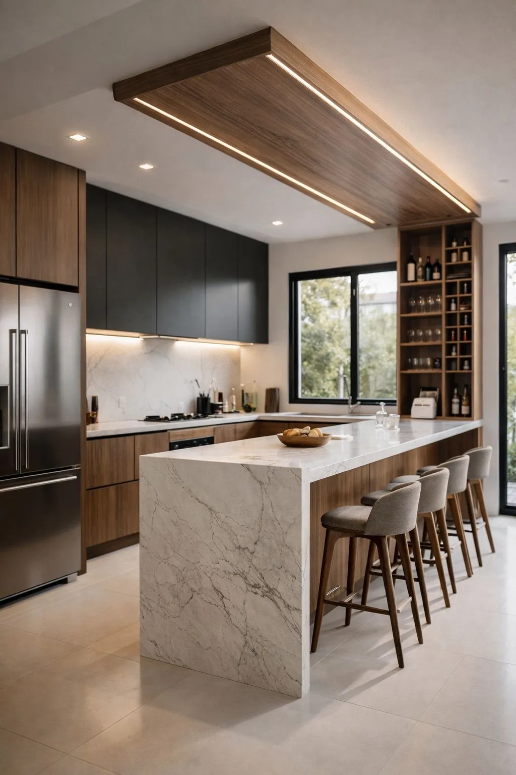 Mobiliario Mōku a medida — cocina isla mármol blanco vinoteca; pieza fabricada en madera con detalle artesanal.
