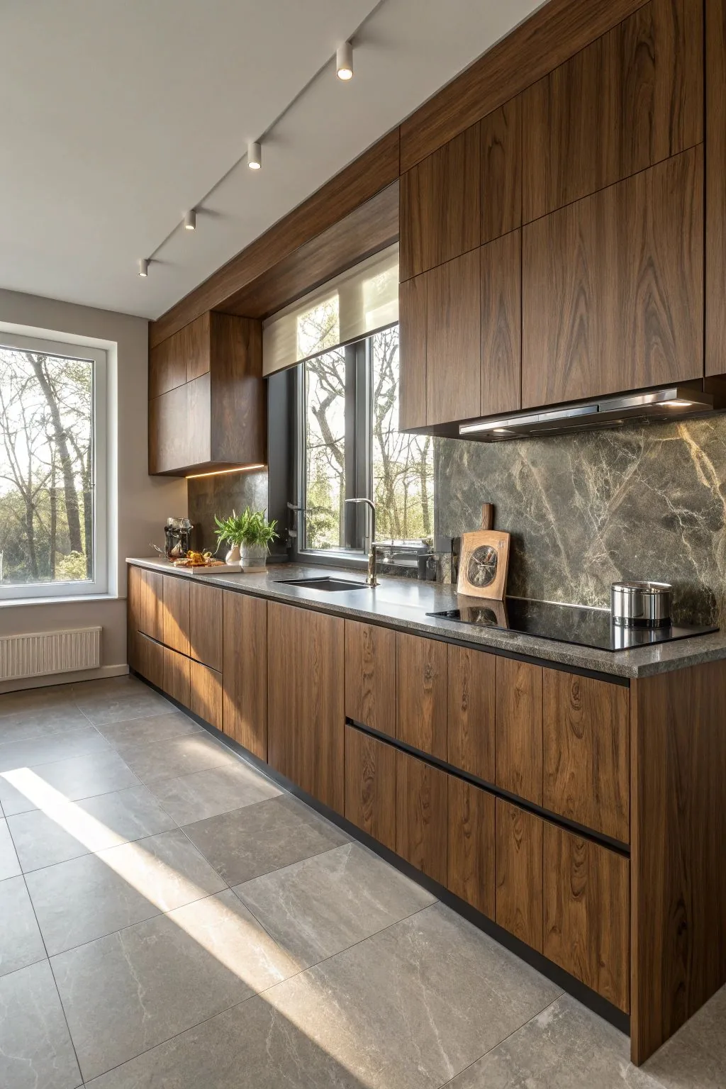 Mobiliario Mōku a medida — cocina lineal nogal mármol verde; pieza fabricada en madera con detalle artesanal.