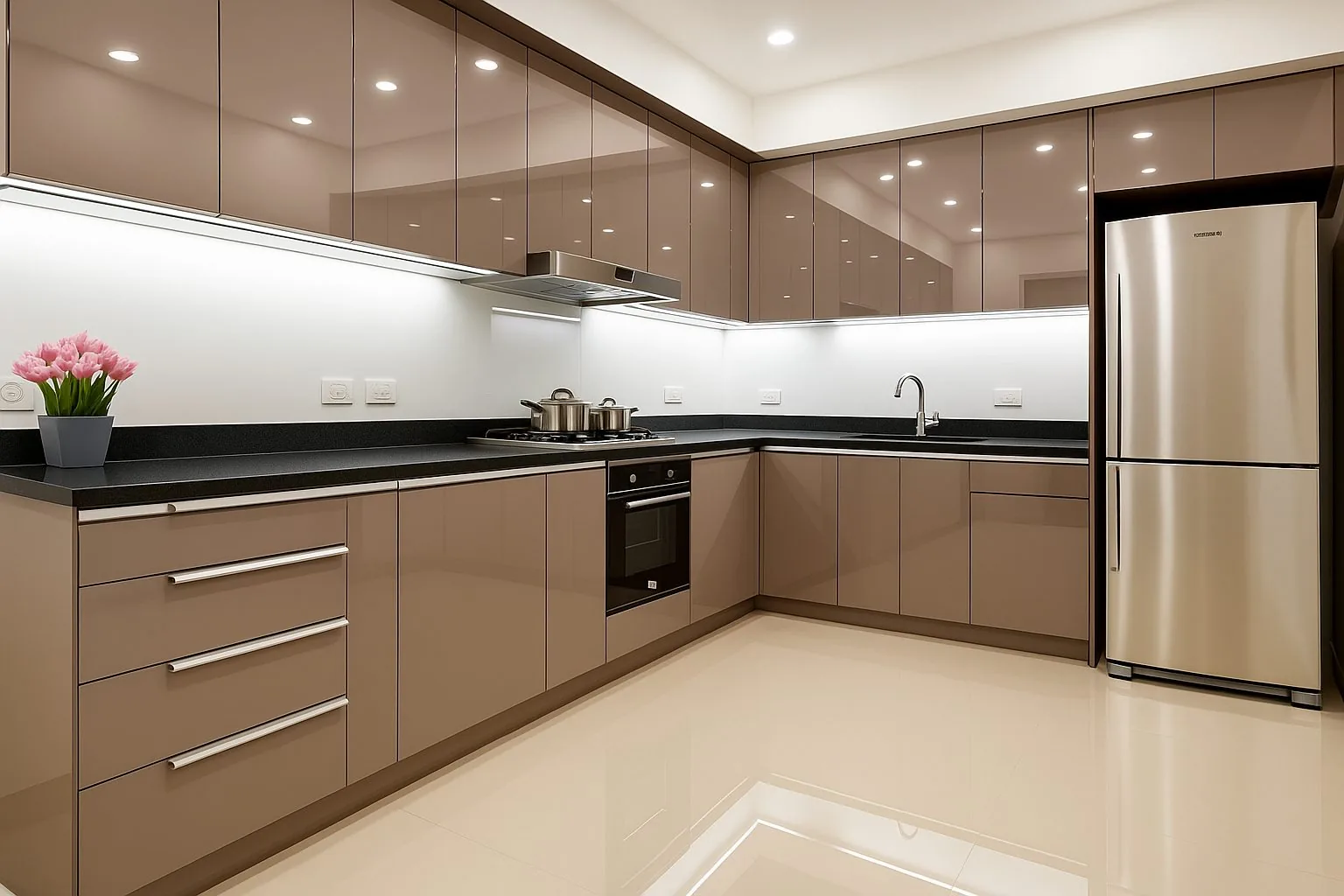 Mobiliario Mōku a medida — cocina marrón brillante nevera inox; pieza fabricada en madera con detalle artesanal.
