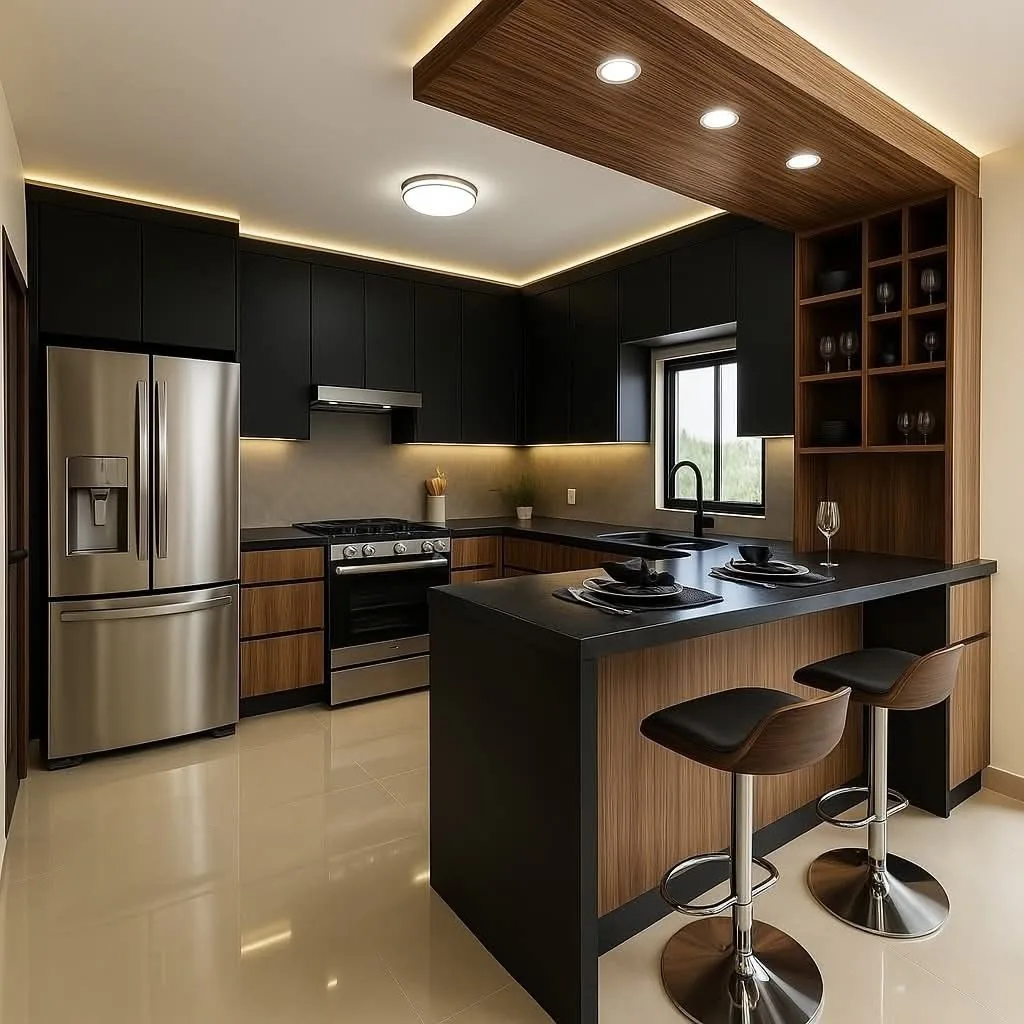 Mobiliario Mōku a medida — cocina negra barra comedor bancos; pieza fabricada en madera con detalle artesanal.
