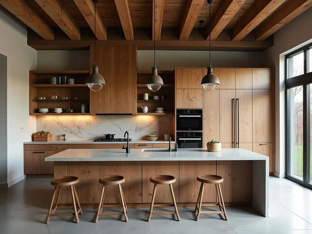 Mobiliario Mōku a medida — cocina rústica techo vigas mármol; pieza fabricada en madera con detalle artesanal.