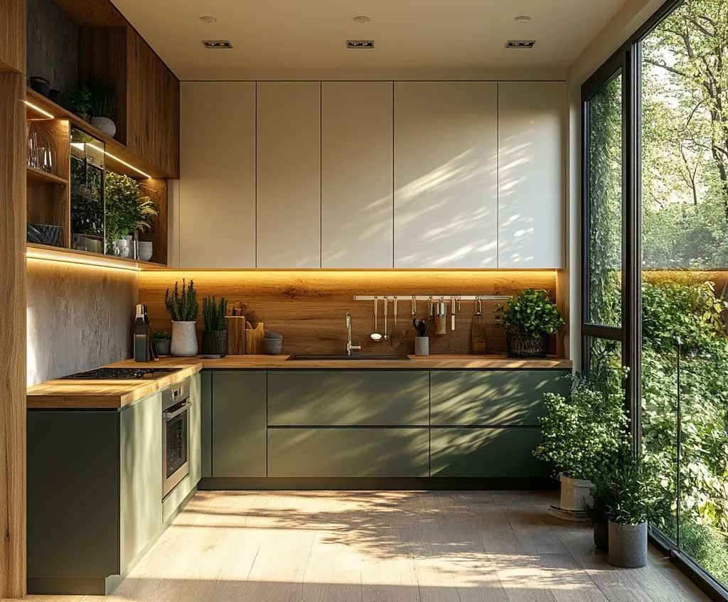 Mobiliario Mōku a medida — cocina verde oliva ventanal jardín; pieza fabricada en madera con detalle artesanal.