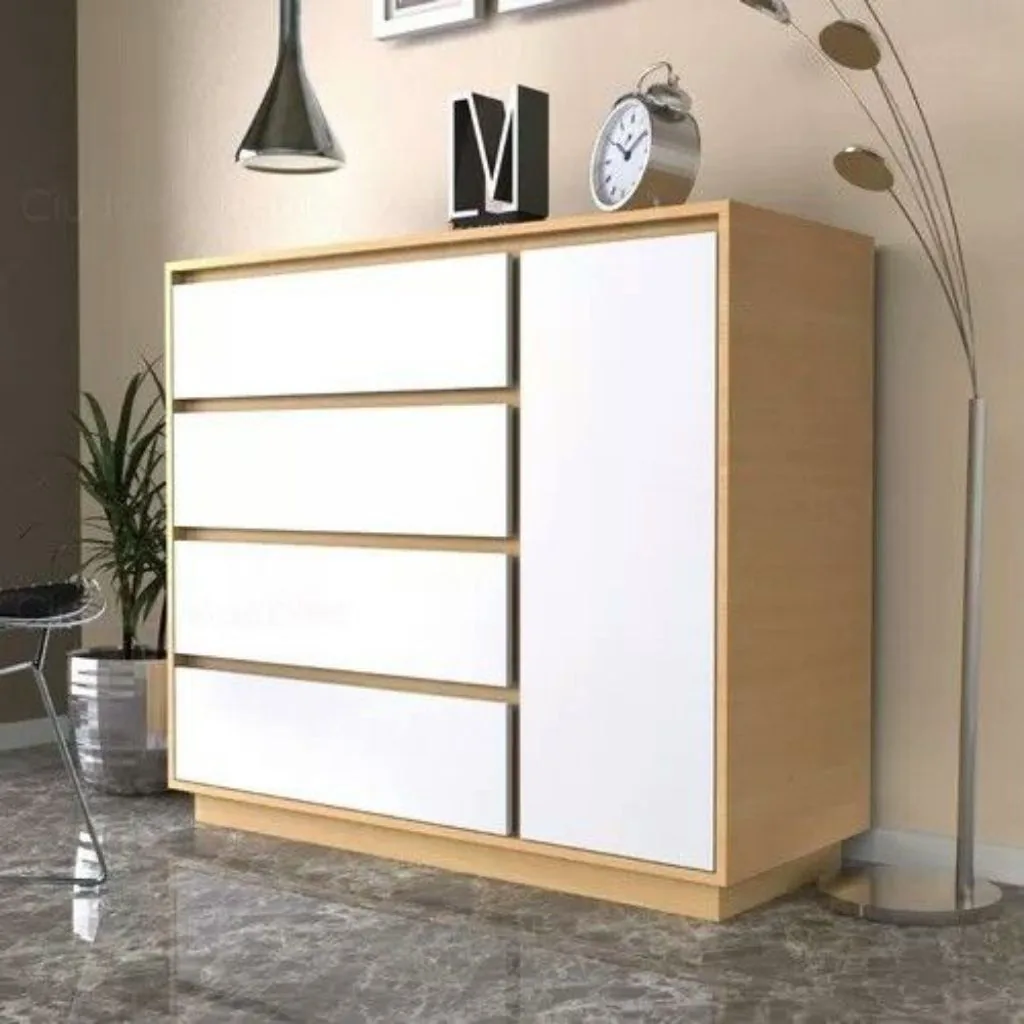 Mobiliario Mōku a medida — cómoda blanca roble cajonera puerta; pieza fabricada en madera con detalle artesanal.