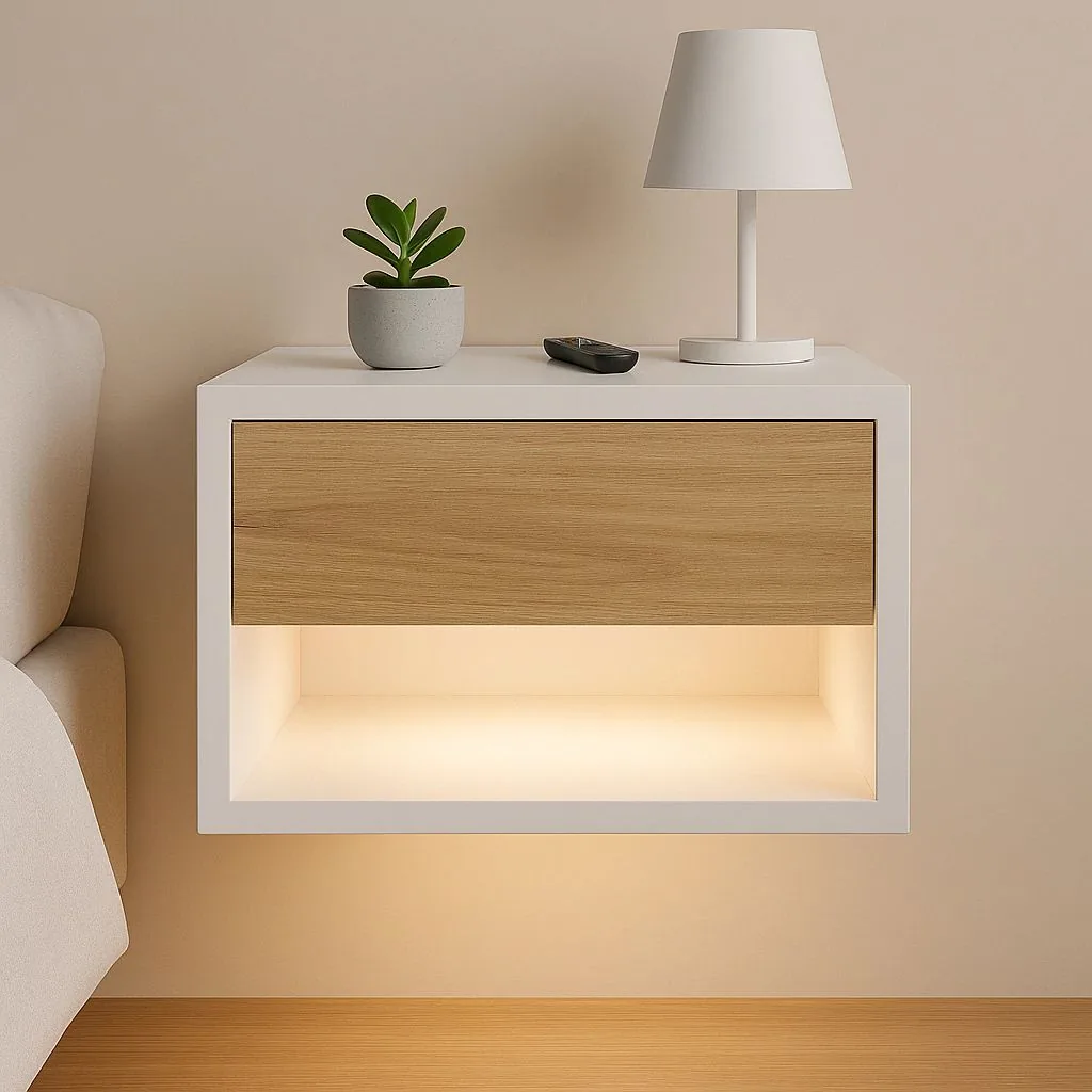 Mobiliario Mōku a medida — mesa noche flotante blanca LED; pieza fabricada en madera con detalle artesanal.