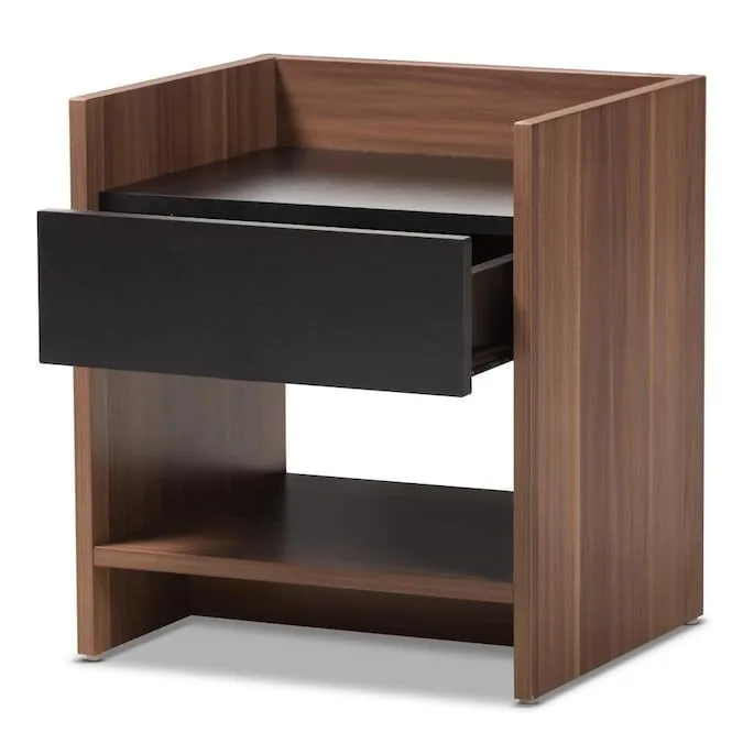 Mobiliario Mōku a medida — mesa noche nogal cajón negro abierto; pieza fabricada en madera con detalle artesanal.