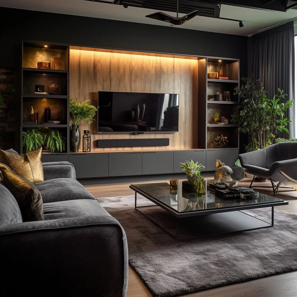 Diseño de interiores Mōku — sala TV oscura iluminación ambiental; proyecto residencial con paleta cálida y mobiliario a medida.